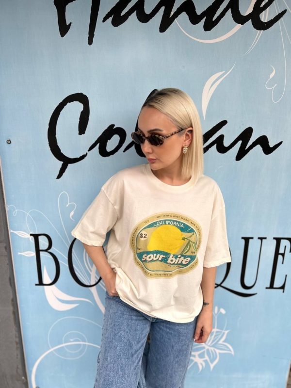 Ekru Limon Baskılı Oversize T-Shirt