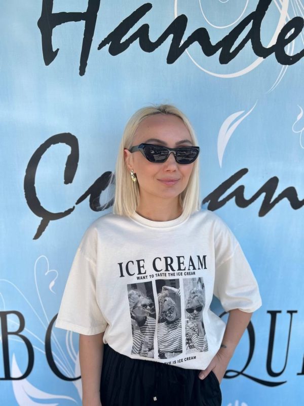 Ekru Siyah Kadın Baskılı Oversize T-Shirt