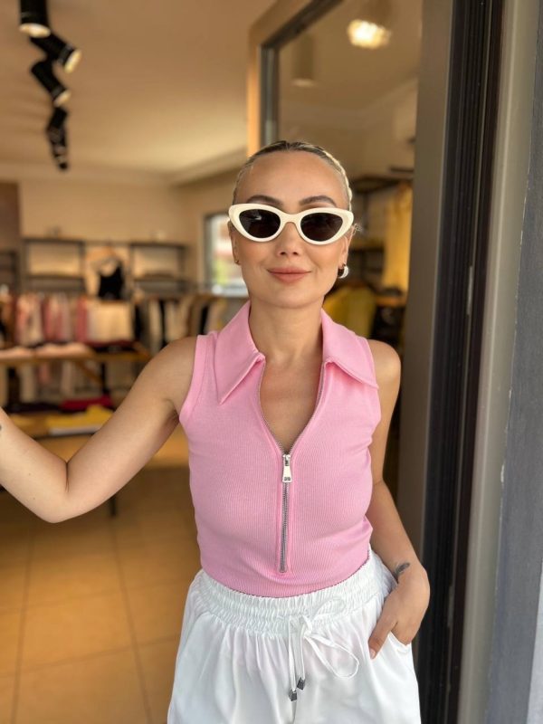 Şeker Pembe Fermuarlı Kolsuz Body