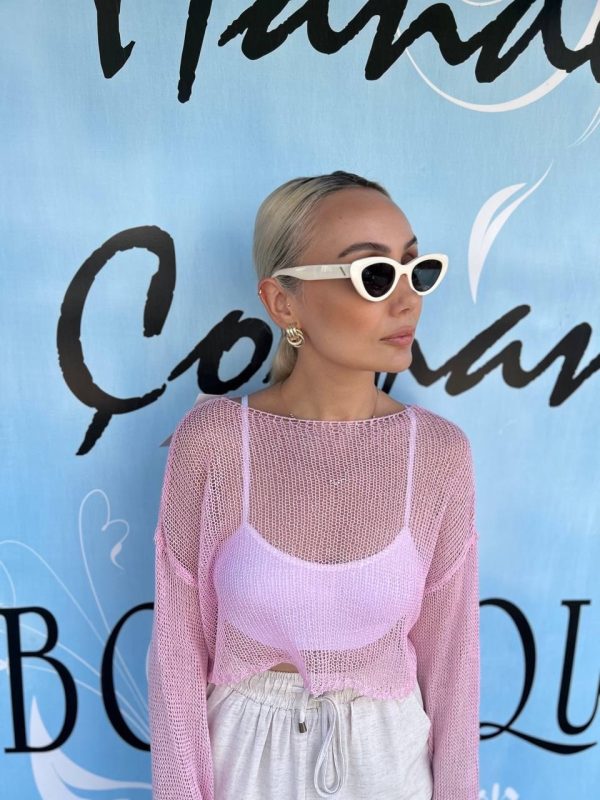 Pembe Delikli Crop Merserize